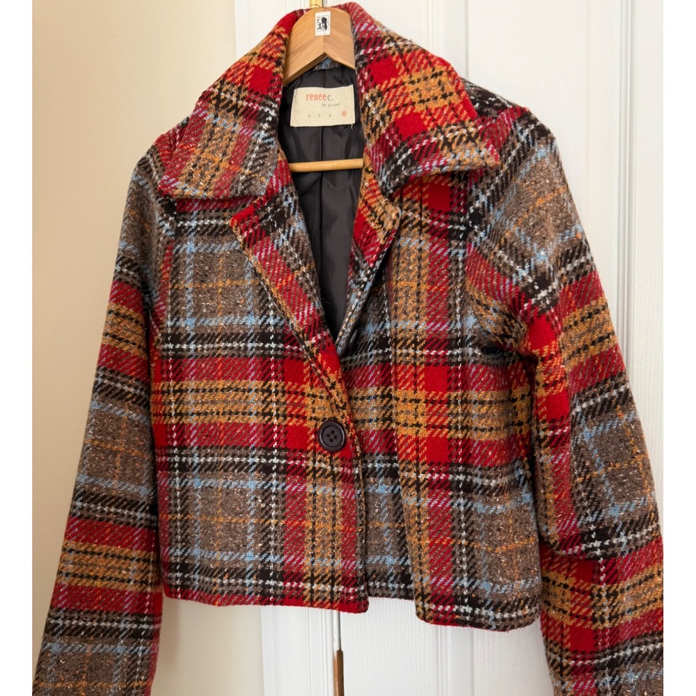 Renee C. Cropped Plaid Jacket Red Orange Multi Wool Blend Button Front Size M